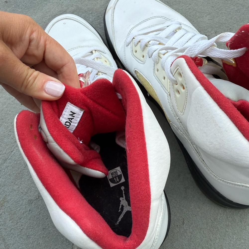 Jordan White and Red High-Top Sneakers - Picture 3 of 5